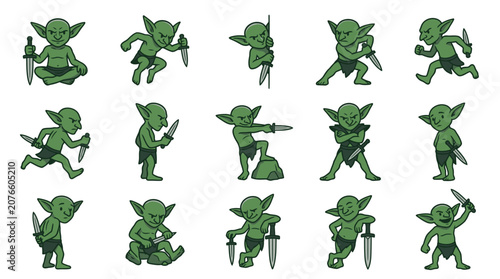 Fotografía Action poses of small green goblin character sprites.