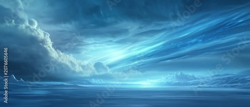 Vast ocean under dramatic cloudy sky with sunlight rays piercing through