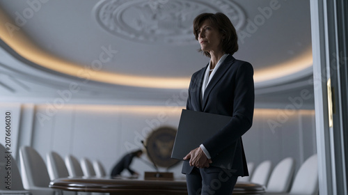 Senior security official standing in doorway of secure government briefing facility holding classified portfolio folder while aide arranges chairs around polished oval table, seal