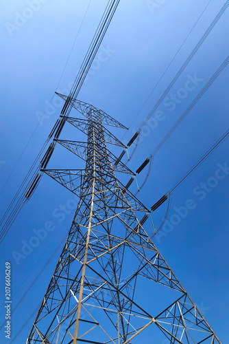 Electricity tower – large cables and the flow of electricity in the mountains.