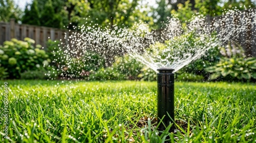 Lawn irrigation and garden water conservation using a pop-up sprinkler spraying a fine mist.