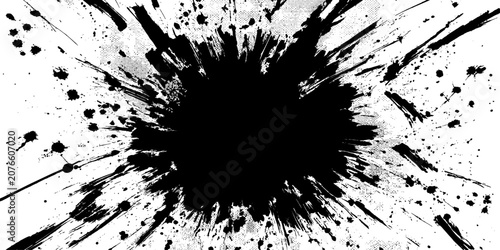 Photos Black ink splash explosion abstract grunge texture, artistic distressed background with copy space