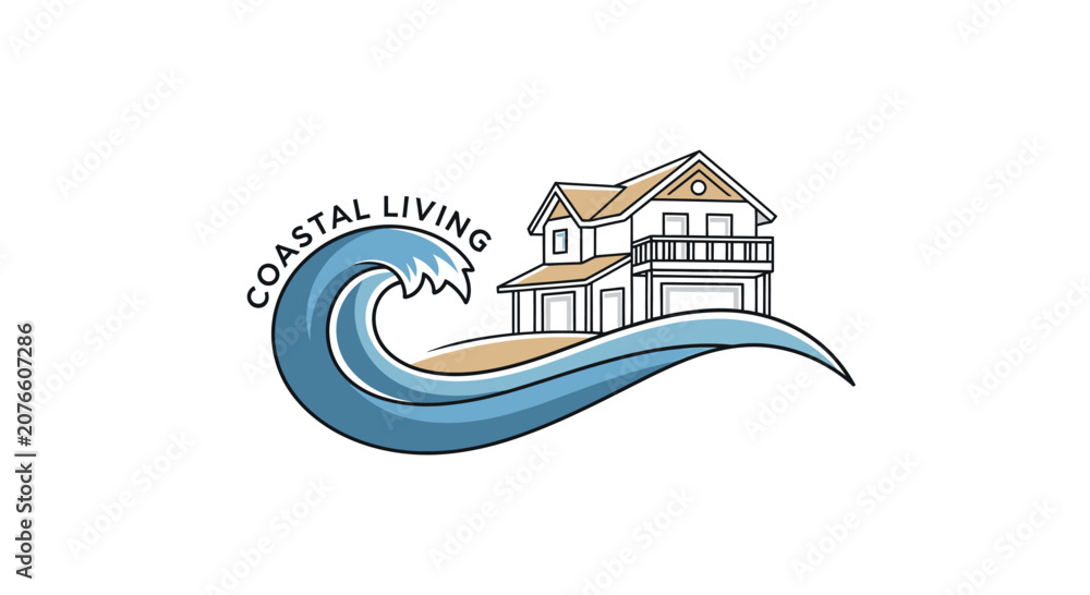 Fototapeta premium Coastal Living Logo: House on Beach with Ocean Wave and Text