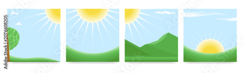 Sunrise and sunset nature landscape collection. Vector illustration. Environment, outdoor, nature, serene, calm view.