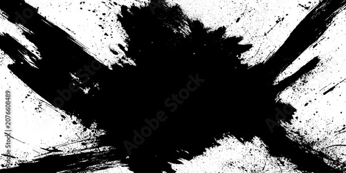 Tableau sur toile A dynamic abstract ink splash bursts across the frame, a monochrome explosion of raw energy and artistic expression on a stark white background, hinting at chaos and creativity