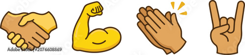 Hand gesture emoji vector illustration set featuring business agreement handshake, strong flexed bicep muscle, appreciative clapping hands applause, and rock on heavy metal sign isolated on white.