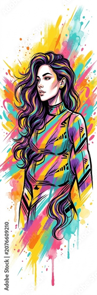 Fototapeta premium Stylized Digital Illustration of a Woman with Colorful Abstract Splashes
