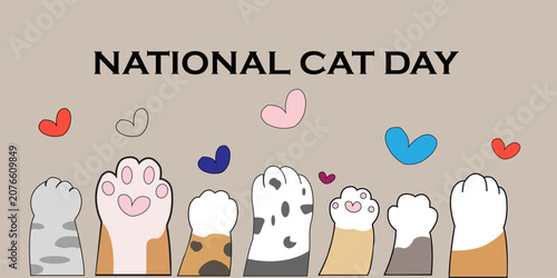 Tableau sur toile National cat day celebration with cute cat paws and colorful hearts on beige bac
