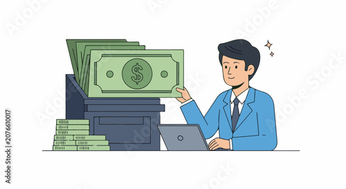 Man in suit with laptop and money symbolizing financial success and gains