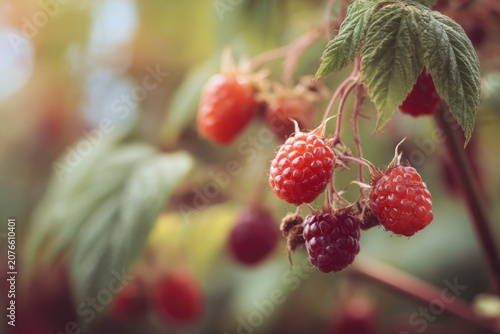  Raspberry cane with delicate berries on thorns