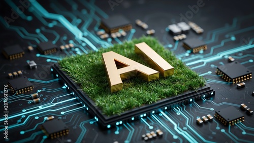 3d golden letter a with light rays on digital grid background