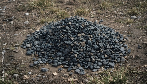 Pile of small black rocks on dirt ground outdoors in nature
