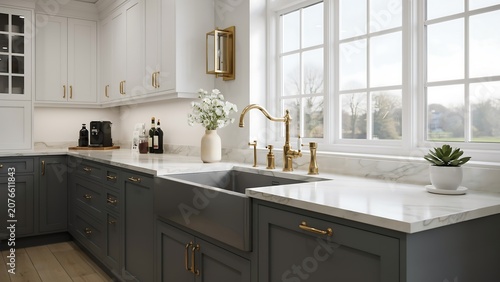 Modern kitchen with white countertop and stainless steel appliances