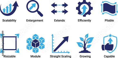 Foto Set of abstract blue and dark blue business growth and scalability icons isolated on transparent background flat