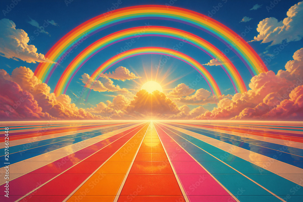 Naklejka premium Sunrise with double rainbows over colorful striped path toward horizon