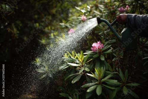 Person using a watering can with a fine rose to shower a rhododendron

