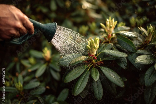 Person using a watering can with fine rose to shower a rhododendron