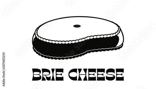 Canvastavla Very beautiful black and white vector of BRIE CHEESE featuring detailed rind texture and smooth creamy form, isolated on white background, with a bold label reading BRIE CHEESE beneath
