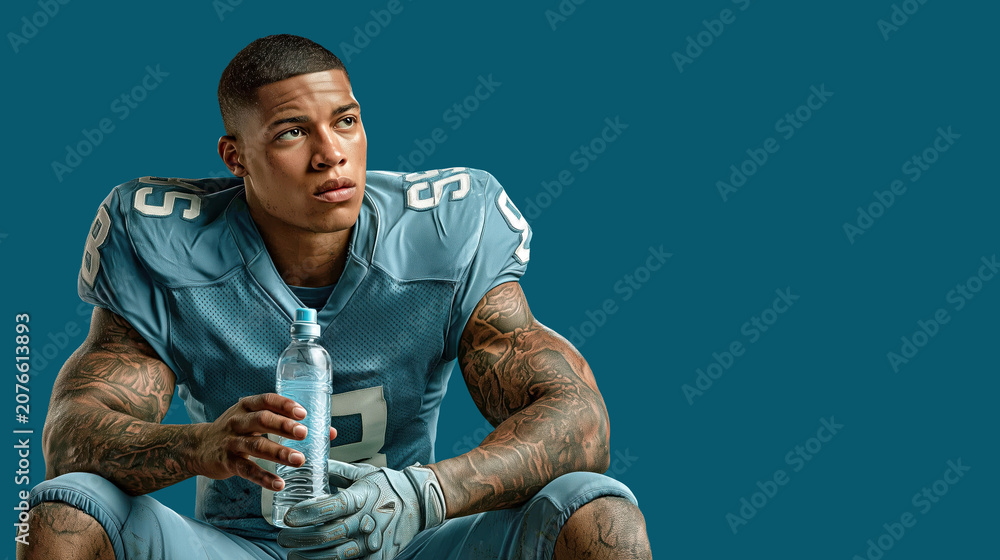 Obraz premium Focused football player sitting with water bottle on blue studio background.