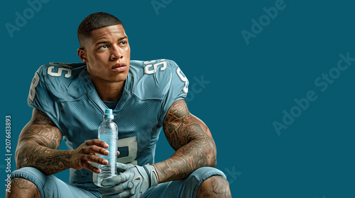 Focused football player sitting with water bottle on blue studio background.

