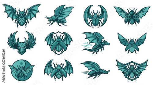 Obraz na płótnie Fantasy winged gargoyle and beetle creature icon set.