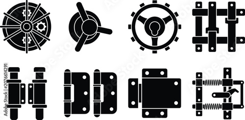 Industrial Hardware and Mechanical Fastener Black Silhouette Icon Set with Hinges Locks and Latches