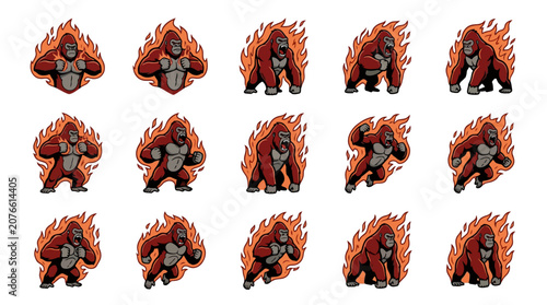 Photography Flaming red gorilla icons for sports and gaming logos.