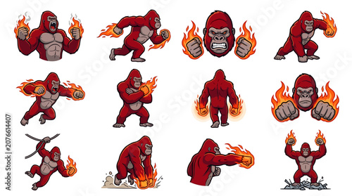 Canvas Print Flaming red gorilla mascot character icons collection.