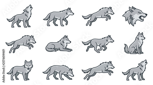 Fotografie Full body wolf silhouettes in different active poses.