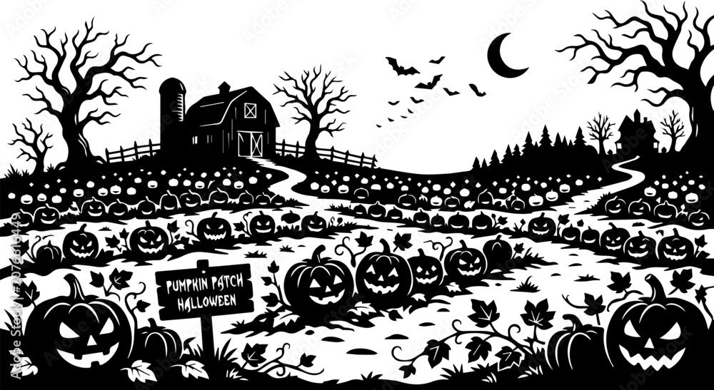 Obraz premium Halloween Pumpkin Patch with Haunted House Bats Night Scene Black and White Vector Illustration