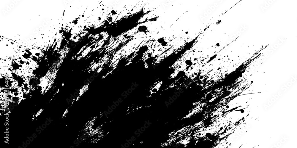 Obraz premium Abstract black ink splatter creating dynamic, energetic strokes on a white background, suggesting artistic expression and creative chaos.