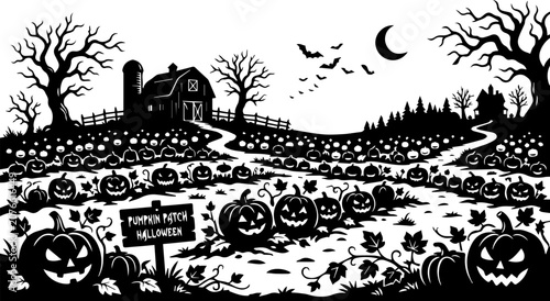 Cuadro en lienzo Halloween Pumpkin Patch with Haunted House Bats Night Scene Black and White Vect