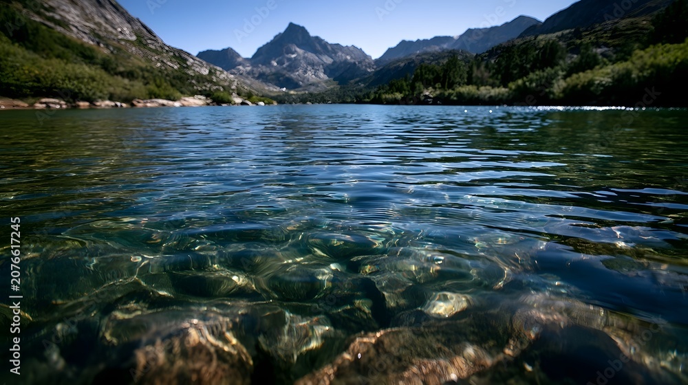 Fototapeta premium A dramatic worm s eye view captures the intricate geometric patterns and flowing lines of a crystal mountain lake