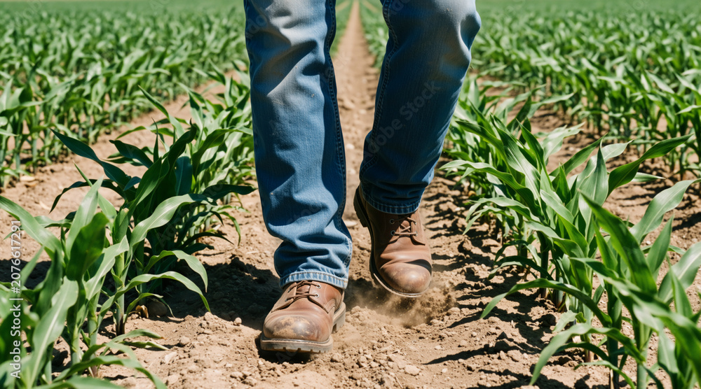 Fototapeta premium Low angle view of a farmer walking through a young cornfield. Close up of leather boots and jeans in agricultural field rows