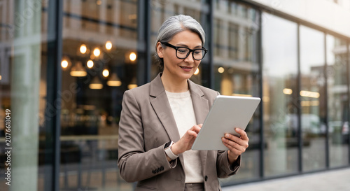 Confident mature businesswoman using digital tablet standing outdoors in front of modern corporate office building