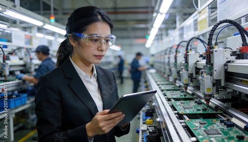 Focused female engineer in safety glasses review data on a tablet while overseeing automated circuit board assembly in a modern, well-lit electronics manufacturing factory