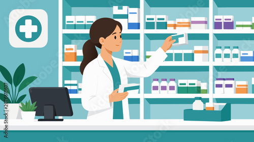 A clean flat vector illustration on a light background shows a pharmacist selecting medicine from pharmacy shelves, ideal for healthcare, clinic, and drugstore promotions.