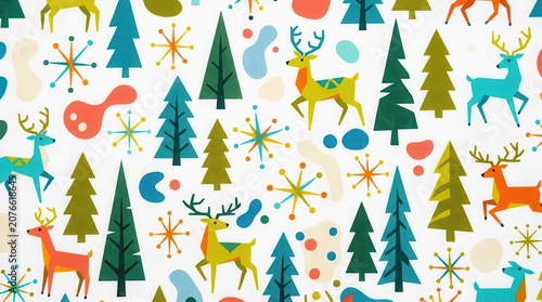 Vibrant winter pattern: deer, trees, snowflakes, abstract shapes