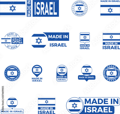Made in Israel Stempel und Logo Set – Kollektion von Badges, Siegeln und Pins für Produktherkunft, Werbung und Marketing