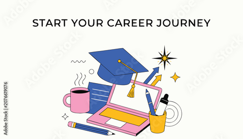 Quadro su tela Colorful illustration celebrating national intern day with graduation cap and la