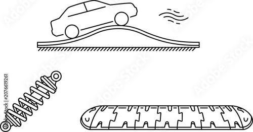 Foto Car suspension system and road speed bump line icons set with shock absorber spr