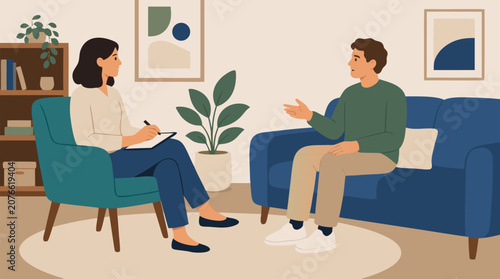 A therapist seated attentively taking notes while a client relaxes and speaks openly on a comfortable couch during a counseling session, a professional flat vector illustration ideal for mental health