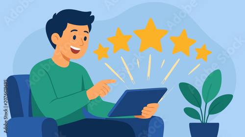 A happy customer smiles while tapping glowing golden stars above a bright tablet screen to rate a service in this clean flat vector illustration, perfect for customer satisfaction, feedback, and digit
