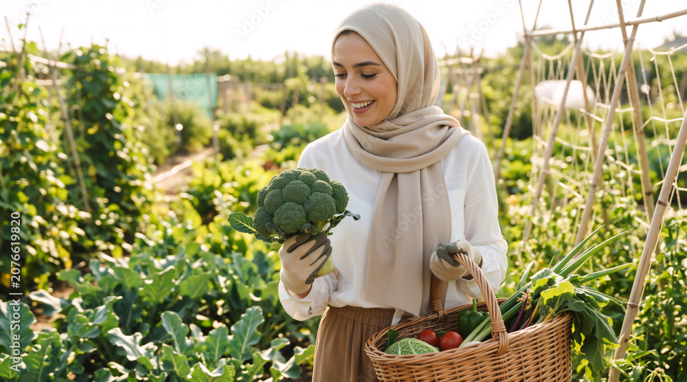Fototapeta premium Smiling woman in hijab harvesting fresh broccoli in a sunny garden. Happy female gardener holding a wicker basket of organic vegetables. Sustainable farming and diverse lifestyle concept