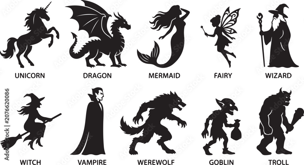 Obraz premium A collection of ten black silhouette representing mythical creatures and fantasy characters, including a unicorn, dragon, mermaid, fairy, wizard, witch, vampire, werewolf, goblin, and a troll