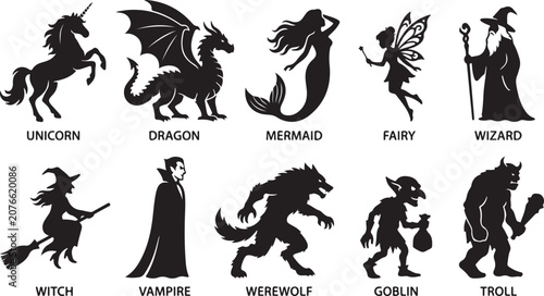 Quadro em tela A collection of ten black silhouette representing mythical creatures and fantasy