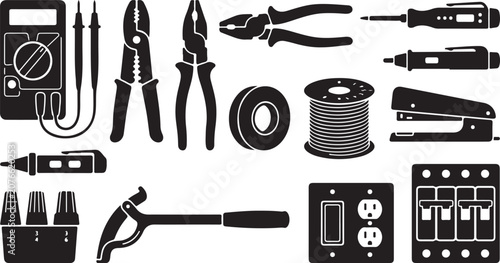 Quadro su tela Black and white silhouette set of electrical tools and hardware, including a mul