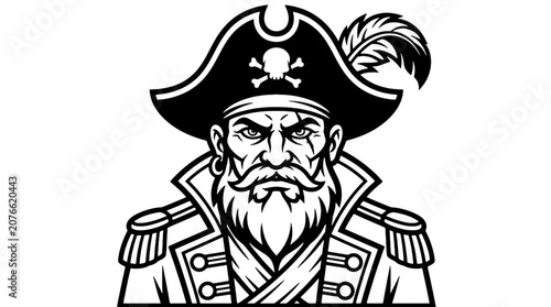 Vintage Pirate Captain Mascot Vector Illustration, Skull Hat Buccaneer Character Design