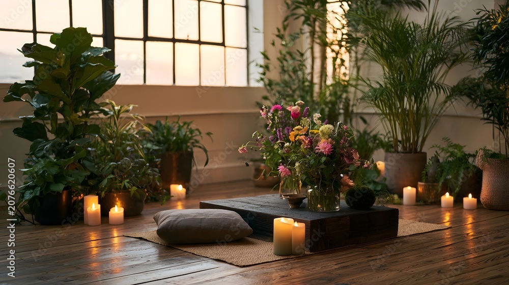 Fototapeta premium A serene modern rustic meditation space filled with lush greenery and vibrant blooms creates a feeling of warmth and comfort