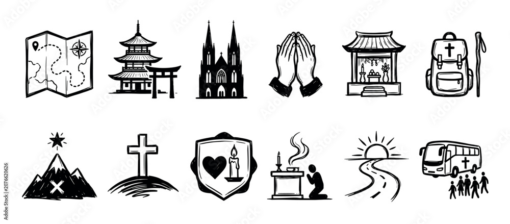 Naklejka premium Collection of hand-drawn religious pilgrimage icons showing a map, cathedral, pagoda, cross, and praying hands for a spiritual journey concept in a black ink sketch style